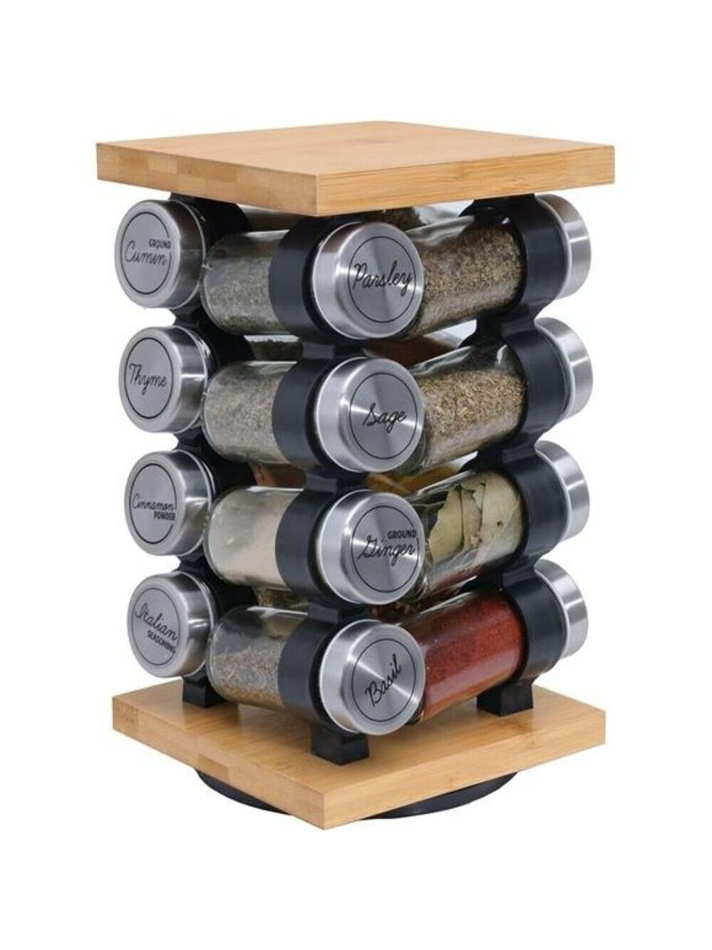 Rotating spice rack with 16 jars pre filled spices countertop organizer carousel